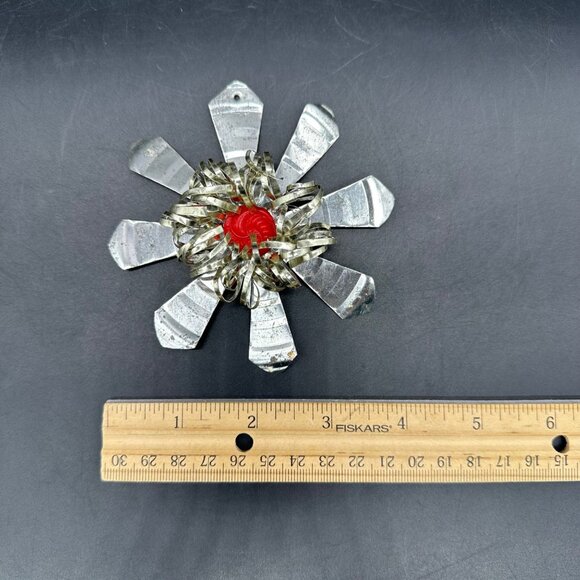 Vintage Christmas Ornament Aluminum Flower Red Button Handmade Mid Century - Picture 8 of 9
